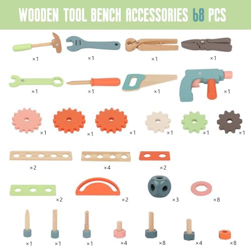 WOODENFUN Wooden Power Tool Workbench for Kids, Pretend Play Tools Sets - Image 5