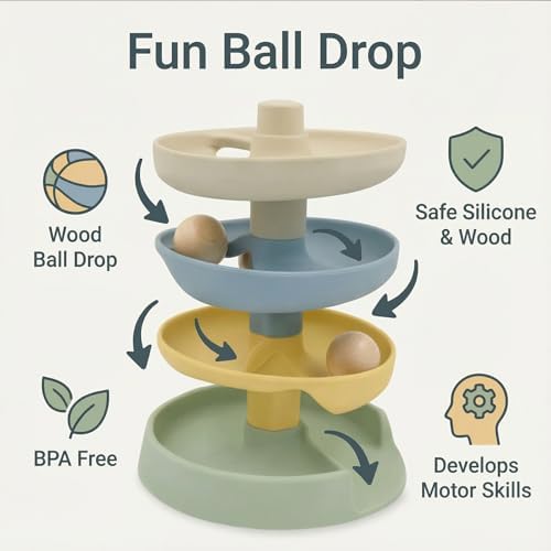Little Rawr Silicone Ball Drop Tower Toy for Toddlers, 4-Tier Rolling Ramp Track with Wooden Balls, Soft Food-Grade Silicone Montessori Toy for Early Learning, Fine Motor Skill Development, Ages 1–3 - Image 6
