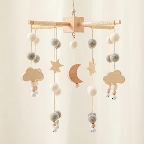 Wooden Bed Bell Crib Mobile with Music Box – Soft Felt Cartoon Bear Hanging Rattle Toy for Nursery Decor, Handcrafted Montessori-Inspired Crib Mobile (Grey) by Jessruly