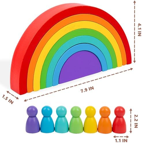 Wooden Rainbow Stacking Toy, Wood Peg Dolls Stacker Arch Game, Montessori Arch Bridge Rainbow Building Blocks, Colorful Stacking Blocks Puzzles for Kids 2 3 4 5 Years Old, Rainbow Decor Toys - Image 6