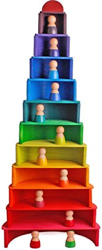 Dinhon Wooden Rainbow Stacking Toys, 12 Pcs Wood Building Blocks Set Wooden Building Blocks Nesting Puzzles, Early Matching Educational Learning Montessori Toys for Kids 3 4 5 6 Years and Up - Image 6