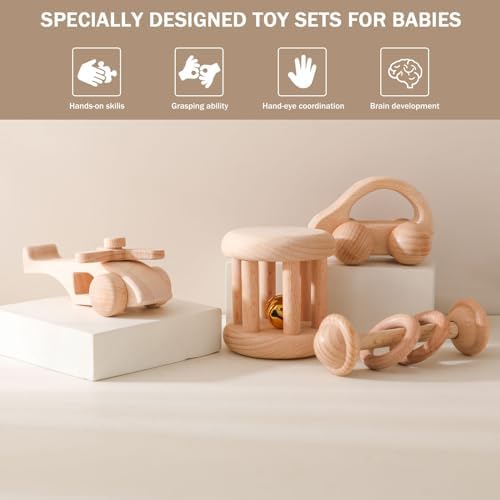 Wooden Baby Rattle Set - Montessori Grip Toy for Newborns, Natural Wood Gift Set of 3 - Image 2