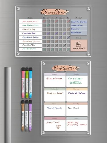 Magnetic Dry Erase Acrylic Chore & Weekly Calendar Set for Fridge, Refrigerator Visual Color-Block Design with 6 Color Erasable Magnetic Markers, Ideal for Kitchen Meal Planner & Family Work Task by UNIQOOO