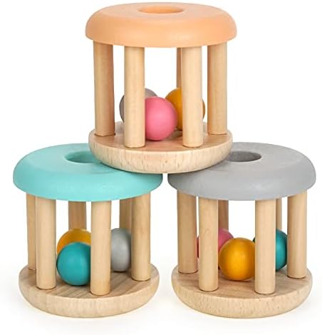 DUCKBOXX XX® Montessori Infant Educational Toys, Natural Wood Rolling Rattle Toy, Early Learning Toy for Developing Fine Motor Skills and Color Recognition, for Ages 0m–2yrs (Burlywood Base - 3pcs) by DUCKBOXXXX