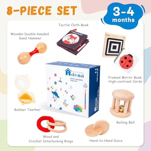 Adena Montessori Play Kit for 3-4 Months Baby,8 in 1 Wooden Learning Educational Toys for Toddler,Include Framed Mirror Book,High-Contrast Cards and More,Christmas Birthday Gift for Boys Girls - Image 2