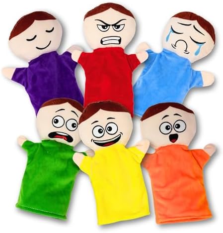 4E's Novelty Feeling Hand Puppets for Kids with 6 Emotions, with Moveable Arms, Soft Plush Hand Puppets for Toddlers, Early Education Toys, Social Emotional Learning Activities - Pack of 6 by 4EsNovelty