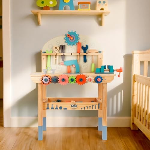 Tool Bench for Kids Toy Play Workbench Wooden Tool Bench Workshop Workbench with Tools Set Wooden Construction Bench Toy for 3 4 5 Year Old Boys and Girls - Image 5