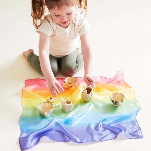 Sarah's Silks - Set of 5 Enchanted Mini Playsilks, 100% Silk 21" Square Scarf for Dance, Movement and Pretend Play - Rainbow, Starry Night, Sea, Fire and Blossom Scarves - Image 2