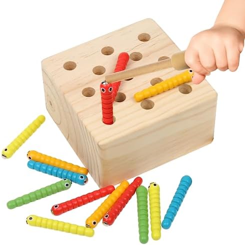 Boxiki kids Wooden Montessori Toys for Babies, Toddlers & Kids, Fine Motor Skills, Magnetic Worm Game for 3 Years Old by BoxikiKids