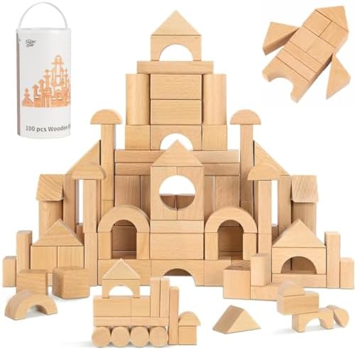 100 Pcs Wooden Blocks for Toddlers 1-3, Kids Building Blocks & Shape Sorter by PidokoKids