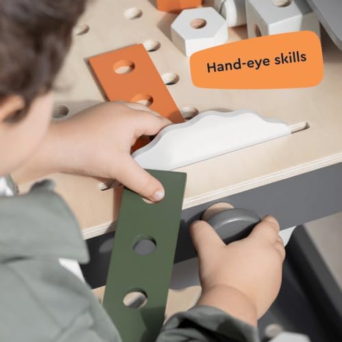 Kids Wooden Workbench, 61-Piece Tool Bench Set with Saw, Hammer, Spanner, Screwdriver, Nuts and Bolts, Chalkboard, Safety Goggles and Gloves, Construction Toy, Pretend Play, Boys, Girls Age 3+ - Image 5