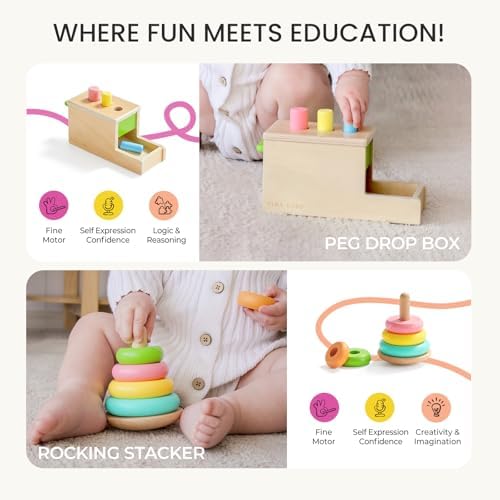 Tiny Land Montessori Toy Set for Babies 1 Year Old Thinker Play Kit- 5-in-1 Wooden Learning Toys with Peg Drop Box, Rocking Stacker, Egg Cup, Canister Set, and Crinkle Bag - Image 5