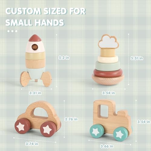 FReniland Wooden Montessori Toys, 4-Piece Wooden Baby Toy, Rainbow Stacking Ring,Car Push and Pull Toy, Rocket Stacking Ring Babys Toys,Newborn Baby Gift Sets for Boys and Girls - Image 5