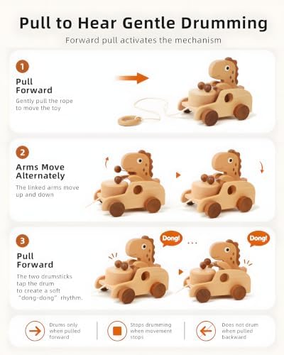 Wooden Dinosaur Pull Toy| Beech Wood Pull Along Dino for Toddlers - Image 3