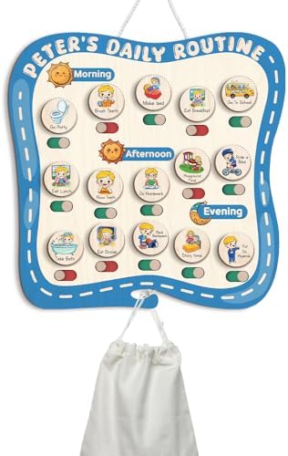 TinyKidz Large Daily Routine for Toddlers, Kids Reward Chart, Daily Responsibility Chart for Boys Girls, Wooden Routine Chart for Kids (12) by TinyKidz