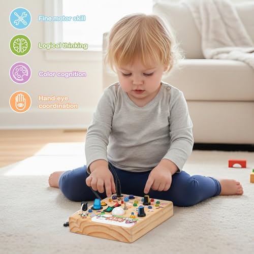 Sanlebi LED Busy Board for Toddlers 1-3,Montessori Toy with Key Switch, Light Up Wood Activity Sensory Board for Fine Motor Skills, Educational Travel Toy Gift for 1 2 3 Year Old Boys Girl - Image 6