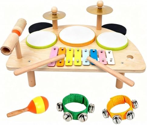 Kids Drum Set, Montessori Musical Instruments for Toddlers 1-6, Wooden Toys Montessori Music Table, Xylophone Drum Kit, Birthday for Boys Girls by ELFPLAZA