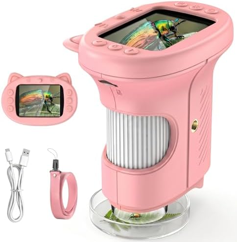 Kids Microscope, 1000X Handheld Portable Pocket Microscope for Kids with 2.4" IPS Screen & 8 LEDs, Rechargeable STEM Science Kit Educational Toy, Birthday Gifts for 4-12 Year Old Boys, Pink by OaeblleScienceExplorers