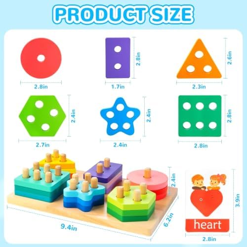 Wooden Sorting & Stacking Toys, Montessori Toys for 1 2 3 Years Old Toddlers, Shape Sorter Puzzles with 24-Piece Large Geometric Blocks & 12 Word Cards, Gift for 12+ Months Baby Boys Girls - Image 2