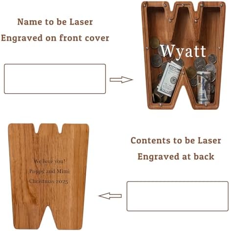 Personalized Large Wooden Kids Letter Piggy Bank - (Laser Engraved) Custom Piggy Bank for Boys Girls - Wooden Banks with Initials - Alphabet Money Box Bank Birthday Letter W Bank - Image 2