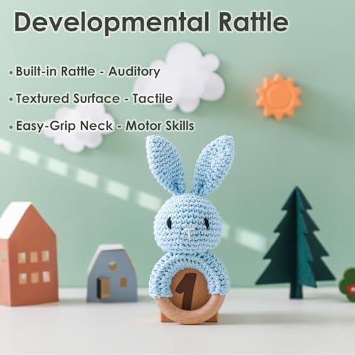 Baby Crochet Rattle Toy - Hand-Knitted Animal Bunny Teether with Soft Bell, Montessori Sensory Toy for Infants 0-36 Months, Natural Wood Teething Ring, Ideal Newborn Keepsake Gift - Image 2