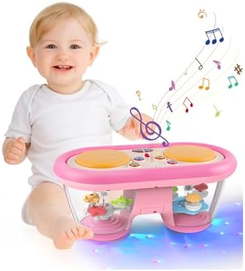 Baby Toys for 6 to 12 Months: 7 Models Pink Rotating Light Up Drum Musical Instruments for 12-18 Months Kids, Tummy Time Toys for Baby 0-3-6-9 Months, Walker for Boy Girl Gifts by Jhoprcin