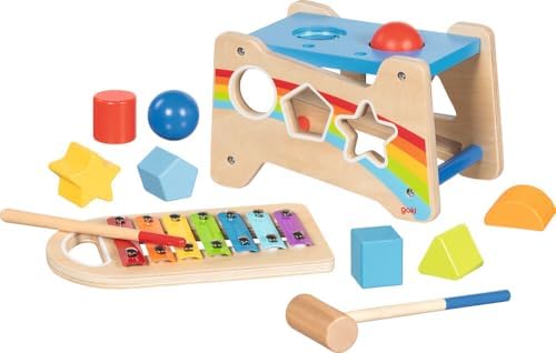 goki 58304 Hammer Bench with Xylophone and Sorting Function, 12-Piece Wooden Motor Skills Toy with Removable Wind Chime - 3-in-1 Knock Bench, Sorting Box, Xylophone by GokiToysAmerica