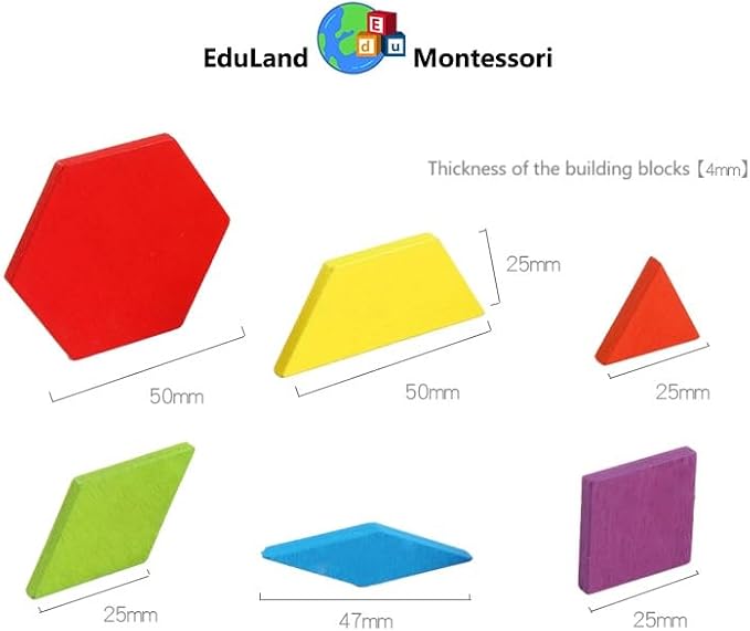 Math/Sensorial - Shapes Construction Set 155 Pcs Wooden Pattern Blocks Geometric Shape Puzzle Classic Educational Montessori Tangram Shapes Toys for Kids Ages 3-8 with 24 Pcs Cards - Image 8