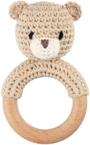 Joliecraft Safari Animals Wooden Baby Rattle Toys Stuffed Crochet Rattle with Teether Ring for Newborn, Beige Bear by Joliecraft