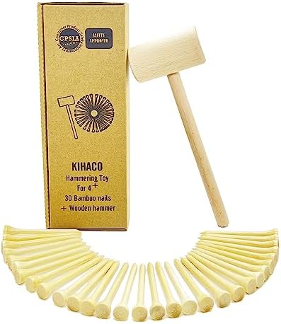 Hammering and Pounding Toys for Kids Include 1 Wood Hammer and 30 Bamboo Nails Improve Fine Motor Skills Friendly Natural Wooden Educational Montessori Toy for Childs DIY Birthday Gift for 4+ by KIHACO