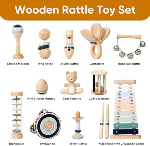 12 PCS Wooden Baby Musical Instruments Set, Montessori Style Sensory Percussion Toys for Toddlers 1-3, Non-Toxic Natural Wood Shakers & Rattles, Early Learning Educational Gift for Infant Boys Girls - Image 3