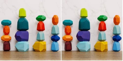 Cllayees 16 Pcs Wooden Stacking Blocks Rocks Building Toys, Colored Solid Wood Stones Pre-School Educational Games Creative Toys for Kids Toddlers (Pack of 2) by Cllayees