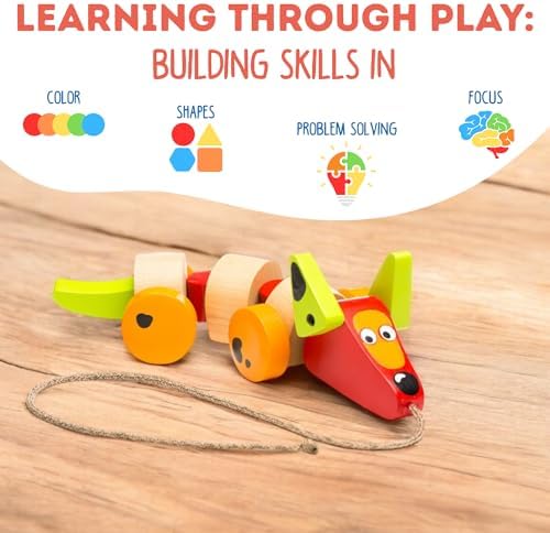 Cubika Wooden Walk Along Sausage Dog – Pull Toy for Toddlers Ages 1-3 – Montessori Inspired, FSC-Certified Wood, German Water-Based Paint – Travel Wooden Toys for Boys and Girls - Image 3