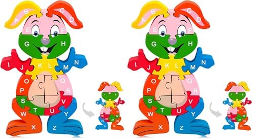LovesTown Wooden Puzzles for Kids, Double Sided Rabbit Jigsaw with Alphabet & Numbers, Montessori Educational Toy for Toddlers, Chunky Animal Gift (Pack of 2) by Lovestown