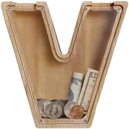 Wooden Letter Piggy Bank for Kids Boys Girls, A-Z Letters Wood Coin Bank Money Box, Piggy Bank for Toddler Family Christmas Birthday Gift(V) by FINDAMAZE