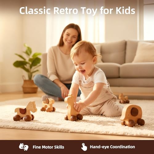 Baby Push Car Montessori Toys, 4PCS Wooden Animal Toy Vehicles for Toddlers, Natural Wood Infant Car Toys (Puppy, Elephant, Pony, Giraffe) for Gift and Decor - Image 2