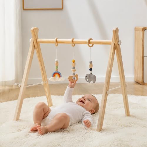 Wooden Baby Gym with 3 Handmade Hanging Toys, Natural Solid Wood Baby Play Gym for Tummy Time & Sensory Play, Foldable No-Tools Activity Gym for Babies 0-12 Months, Baby Shower Gift - Image 5