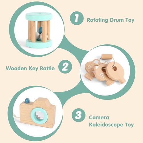 FReniland Wooden Montessori Toys, 3-Piece Wooden Baby Toys, Rotating Drum Toy, Camera Kaleidoscope Toys, Baby Key Rattles,Newborn Baby Gift Sets for Boys and Girls - Image 6