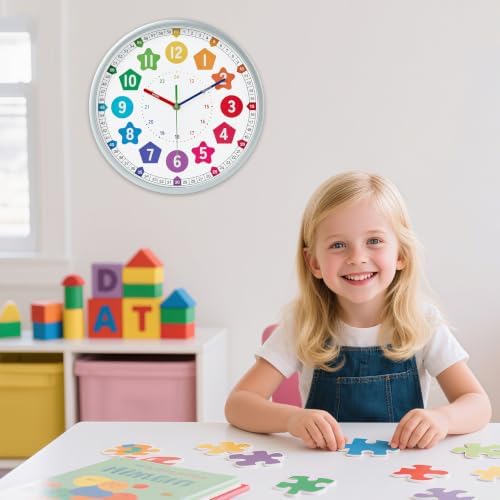 HZDHCLH Kids Wall Clock for Learning to Tell Time 12 Inch Silent Non Ticking Analog Clock with Colorful Shape Numbers Battery Operated Educational Clock for Classroom, Bedroom, Homeschool(Silver) - Image 7