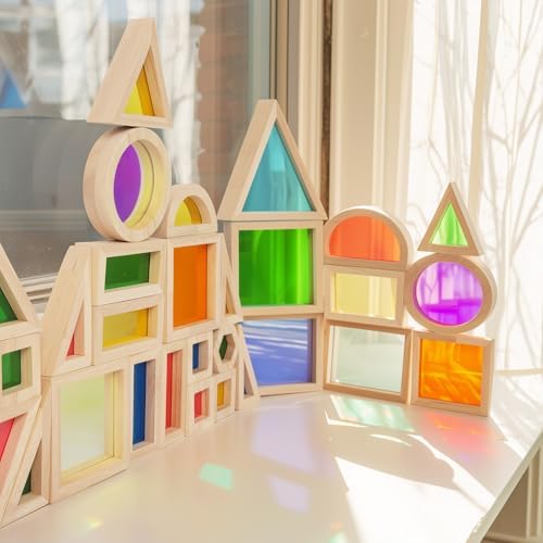 WOODENFUN Wooden Building Blocks Set for Kids, 32 Pcs Rainbow Stacker Game - Image 5