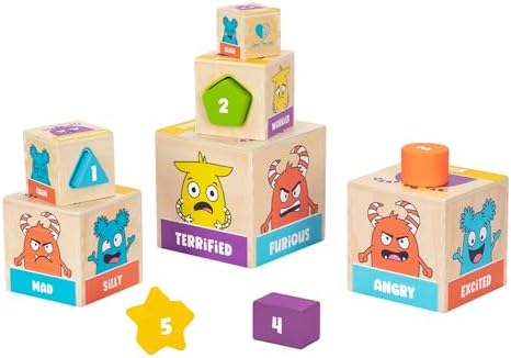 Open The Joy Wooden Tower of Emotions – Stacking Emotional Learning Toy for Toddlers | 5 Emotion Face Blocks + 5 Shape Sorting Blocks | Montessori Toy for Early Development | Ages 12 Months+ by OpenTheJoy