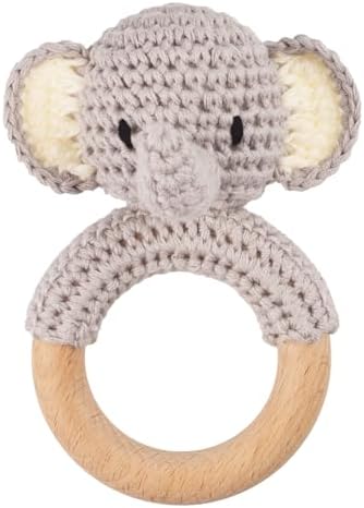 Joliecraft Safari Animals Wooden Baby Rattle Toys Stuffed Crochet Rattle with Teether Ring for Newborn, Gray Elephant by Joliecraft