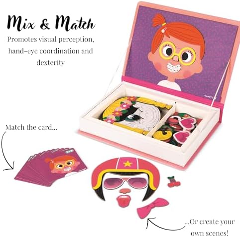 Janod MagnetiBook 66 pc Magnetic Girl Crazy Face Dress Up Game - Ages 3+ - Creative Play - Enhances Creativity and Learning - Includes 55 Magnetic Pieces and 10 Cards - Image 2