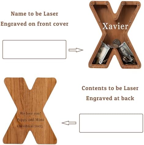 Personalized Large Wooden Kids Letter Piggy Bank - (Laser Engraved) Custom Piggy Bank for Boys Girls - Wooden Banks with Initials - Alphabet Money Box Bank Birthday Letter X Bank - Image 2