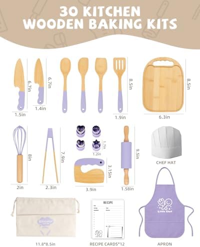 Wooden Kids Cooking Set Montessori Kit - Real Toddler Kitchen Tools & Baking Utensils - 30PCS Cooking Kit for Kids with Storage Bag, Great Gift for Pretend Play & Montessori Learning (Purple) - Image 4