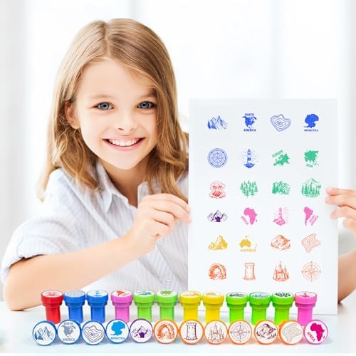 Cinrobiye 24 Pcs Geography Adventure Stampers Party Favor Set, Cute World Map Stamps for Kids Birthday Party, Classroom Rewards, Educational Learning Toys, Goody Bag Fillers, Themed Party Supplies - Image 5