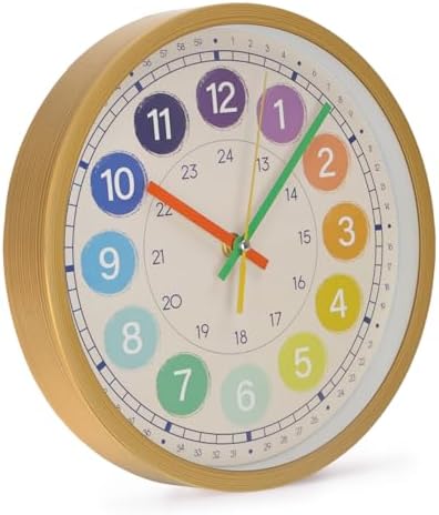 Kids Wall Clock Telling Time Silent Non-Ticking Learning Clock Colorful Teaching Wall Clocks Round Plastic Analog Educational Decor Clock for Classroom, Playroom, Bedroom (EDU3-Wood, 10 inch) - Image 3
