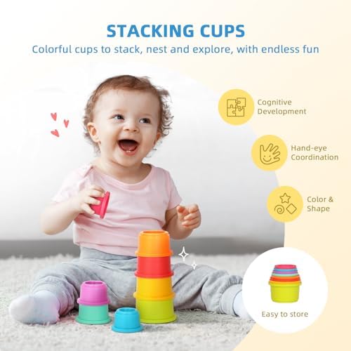 OOOK Montessori Toys for 1 Year Old, 7 in 1 Learning Educational Kit with Sensory Bin,Nesting Box, 3 in 1 Educational Box,Pounding Bench and Baby Stacking Cups - Image 7