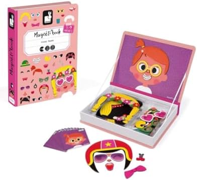 Janod MagnetiBook 66 pc Magnetic Girl Crazy Face Dress Up Game - Ages 3+ - Creative Play - Enhances Creativity and Learning - Includes 55 Magnetic Pieces and 10 Cards by Janod