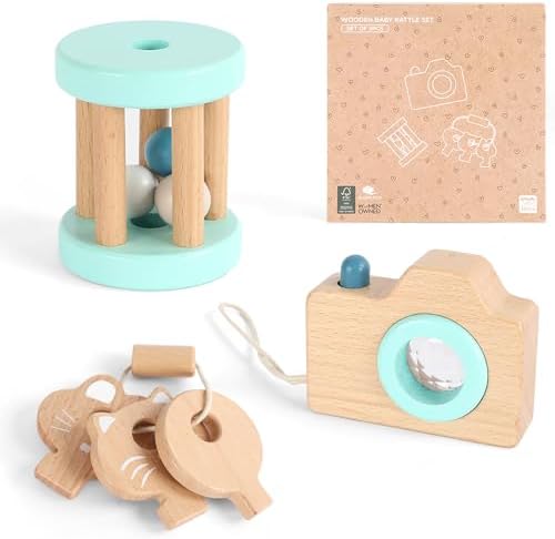 FReniland Wooden Montessori Toys, 3-Piece Wooden Baby Toys, Rotating Drum Toy, Camera Kaleidoscope Toys, Baby Key Rattles,Newborn Baby Gift Sets for Boys and Girls by Freniland